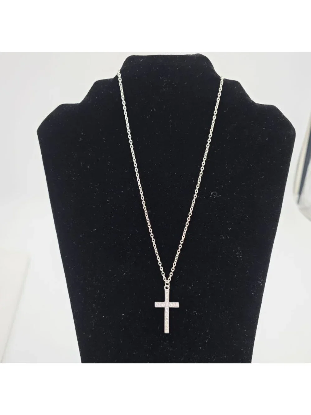 Silver Rhinestone Cross Pendant Necklace By Icing - Picture 2 of 7